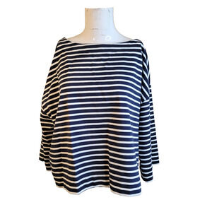 On 34th Large Blouse striped boat neck longsleeve flare wide sleeve stretch